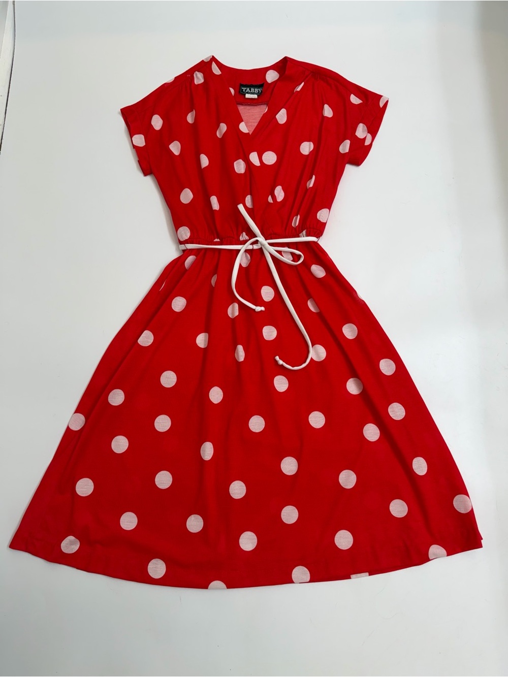 Vintage 80s Red White Polka Dot Midi Dress Faux Wrap Stretch Waist Retro Size 10